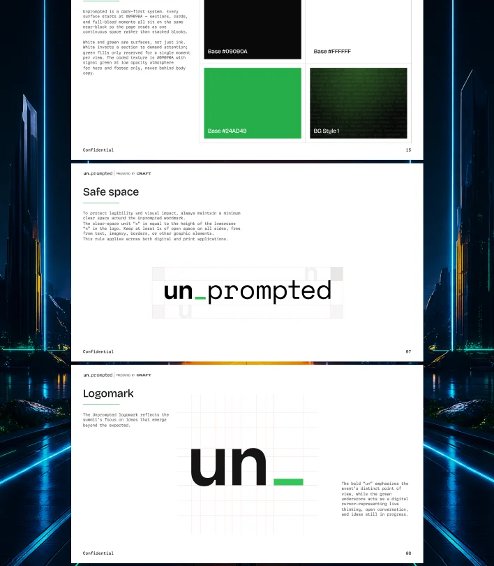 Pages from the Unprompted brand guidelines: colours, safe space and the logomark
