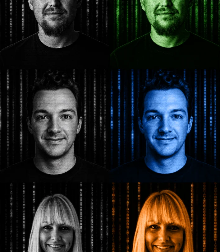 Unprompted speaker portraits in the event’s code-rain treatment