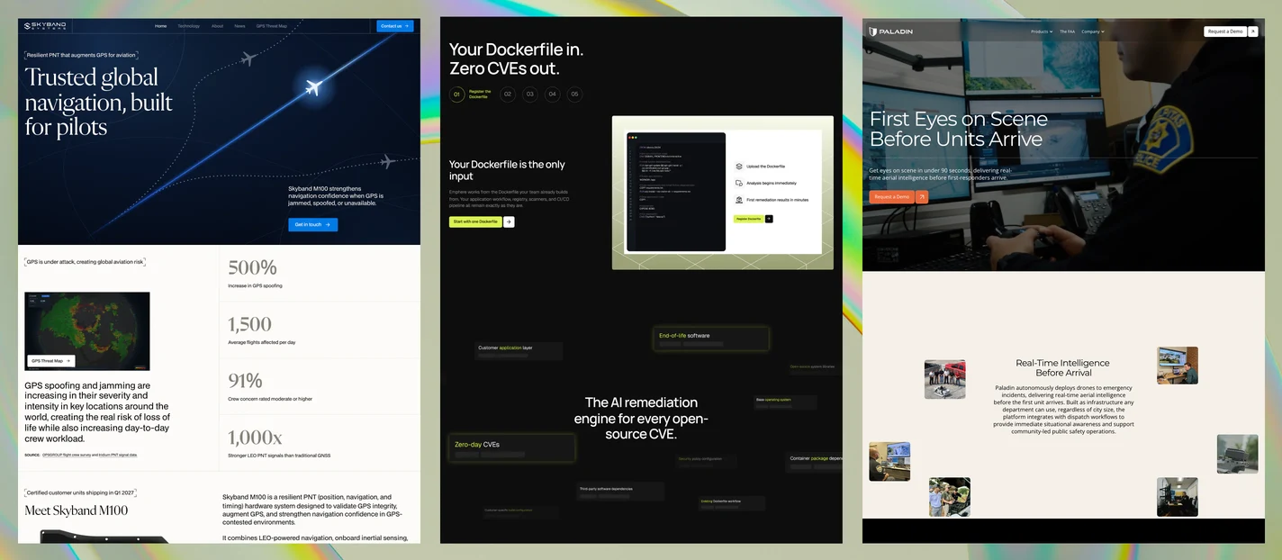 Webflow sites Brickell Digital designed and built for Skyband Systems, a security startup and Paladin